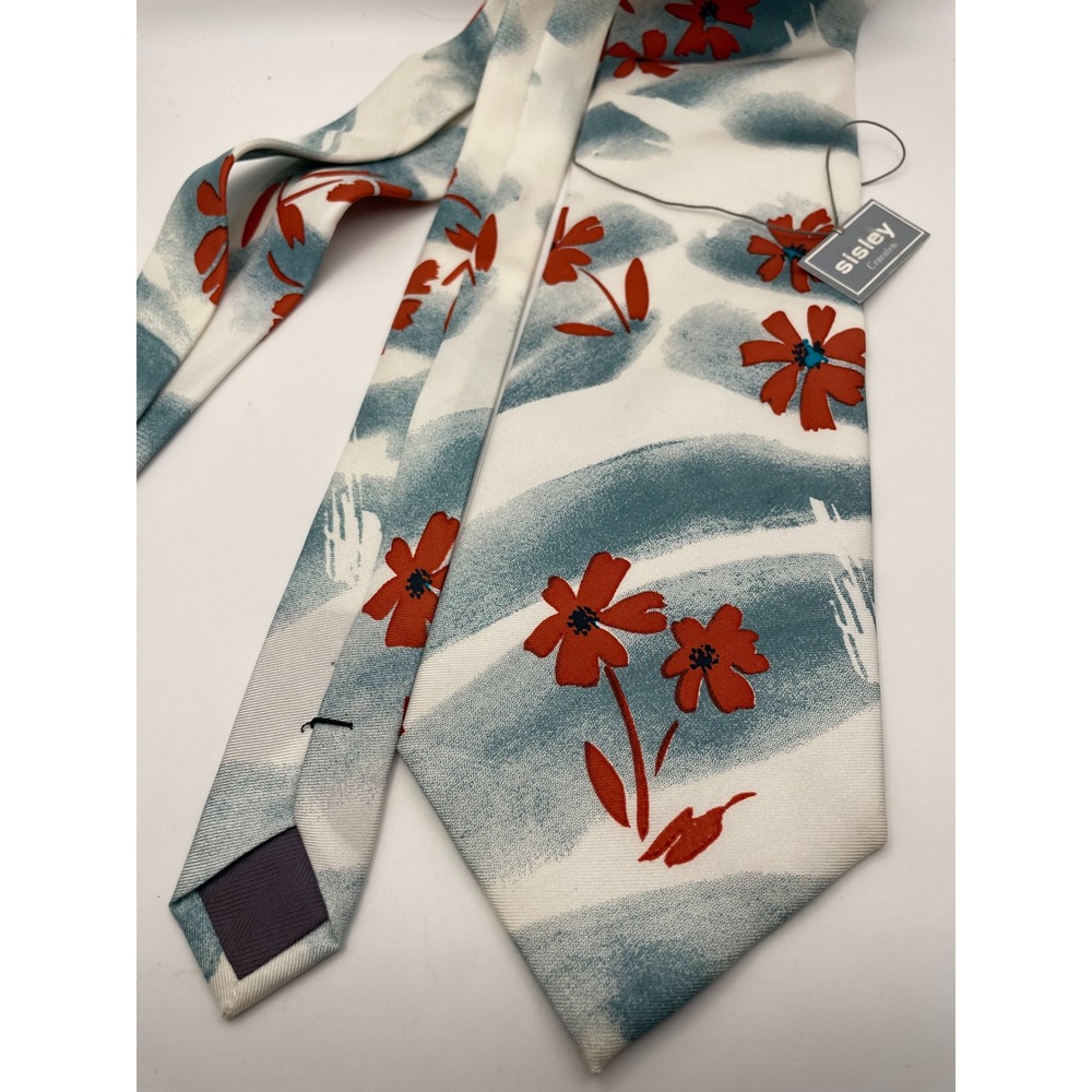 Sisley Cravates Mens Silk Tie Blue Red Floral Abstract Art White Necktie Italy